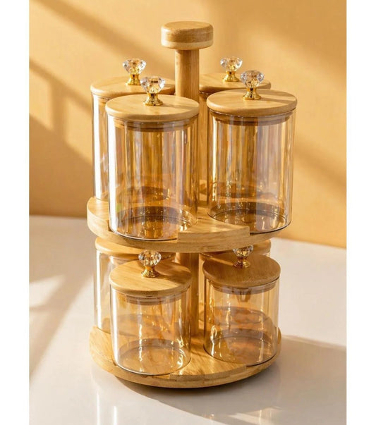 2-Tier 8 Glass Jars Rotating Spice Rack Set with Bamboo Stand