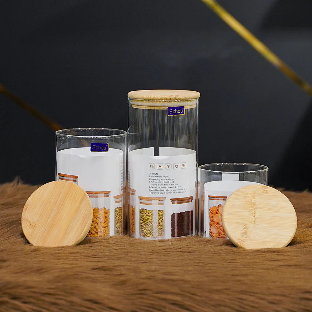 3pcs Bamboo Air-tight Glass storage Jar Set-Echou