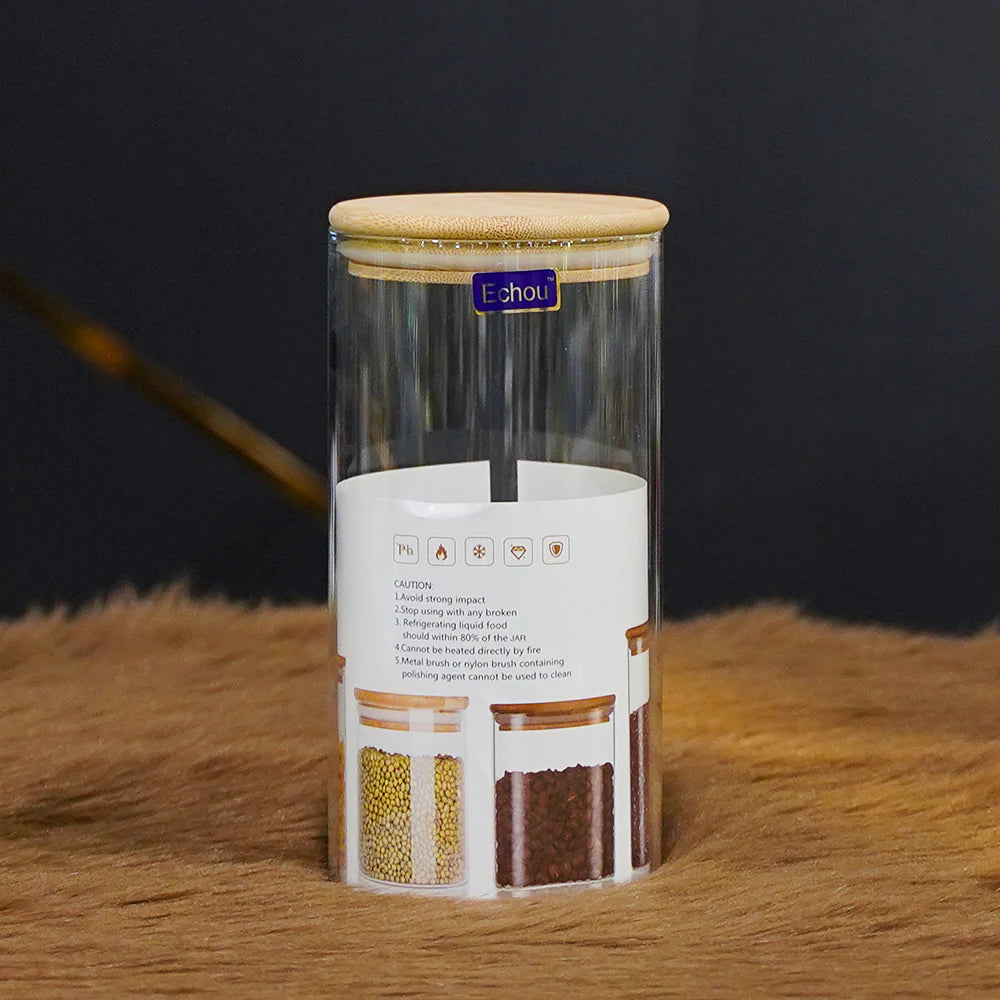3pcs Bamboo Air-tight Glass storage Jar Set-Echou