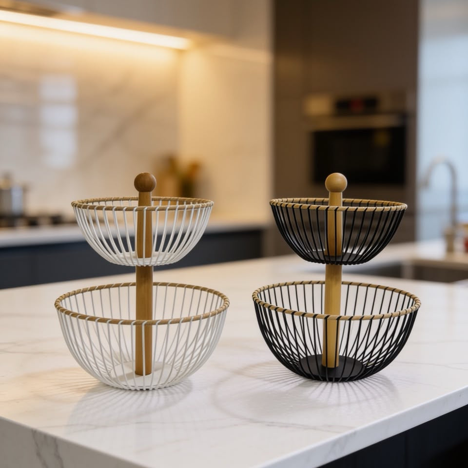 2 Tier Metal Wire Fruit Basket with Wooden Handle