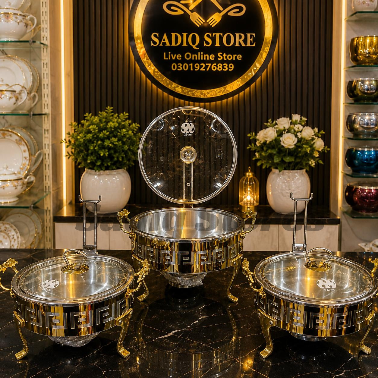 Versace Design Buffet Serving Dishes with Lid, Stand & Burner-Stainless Steel
