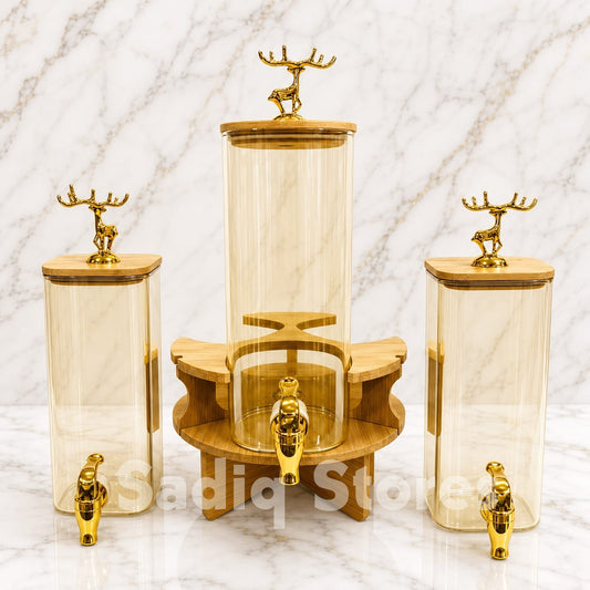 3 pcs glass dispenser with bambo revolving stand