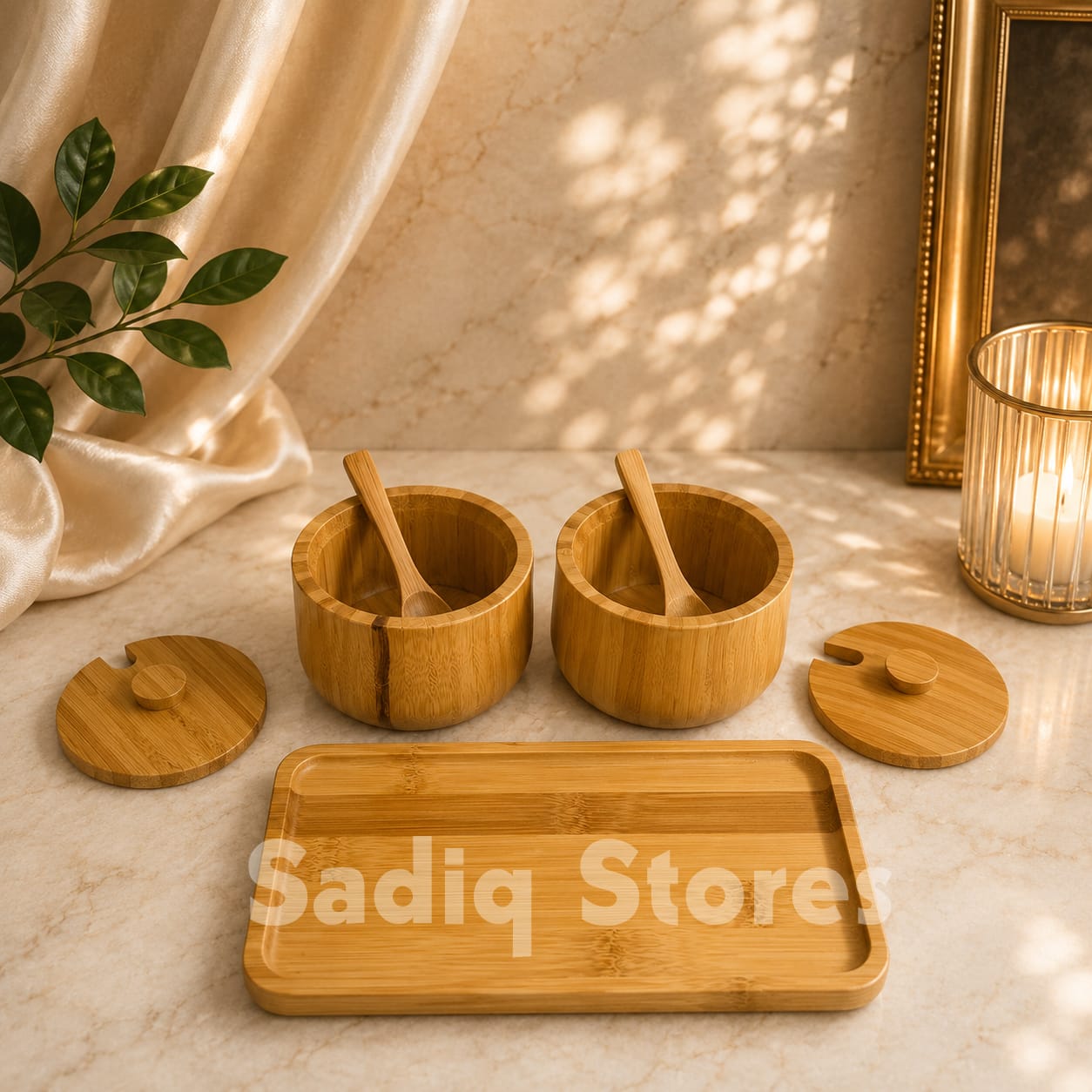 2 pcs wooden sugar pot with tray