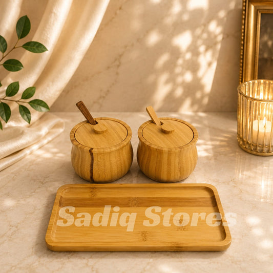 2 pcs wooden sugar pot with tray
