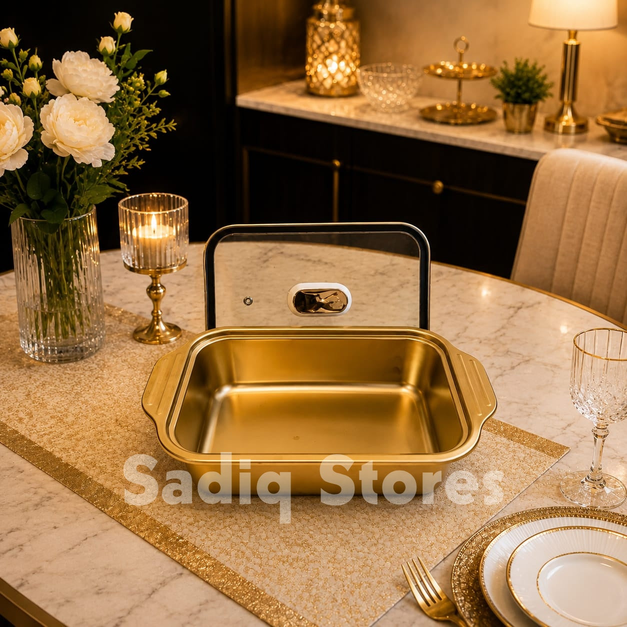 Set of 3 pcs Golden Serving Dishes with glass lid
