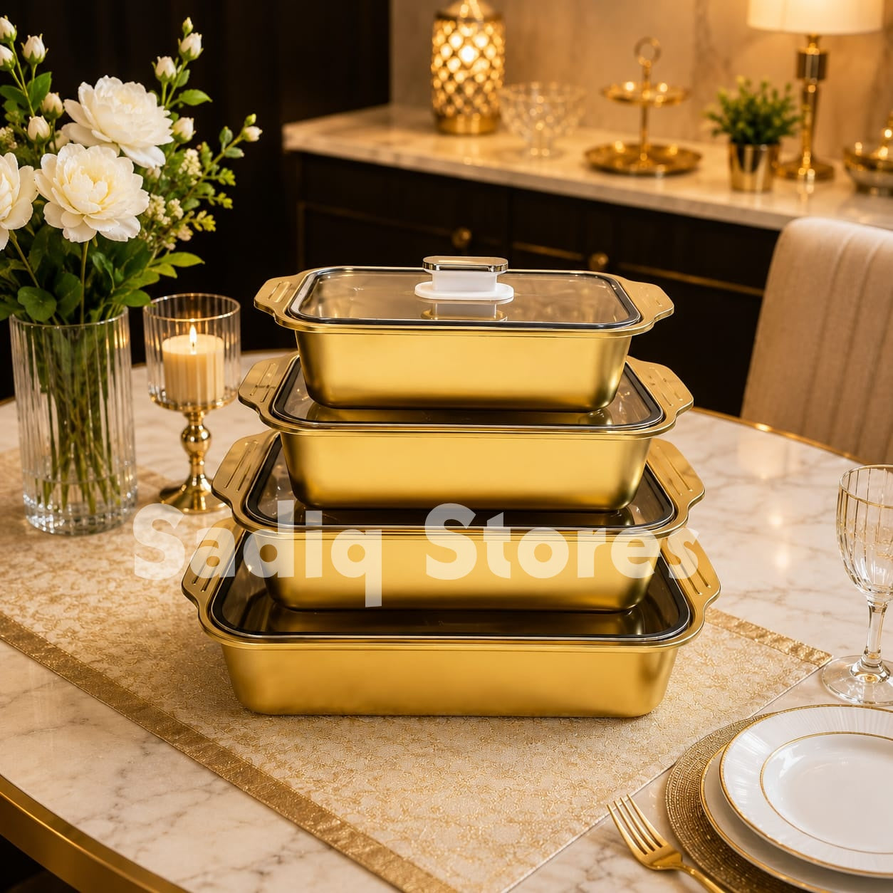 Stainless steel golden serving with glass lid