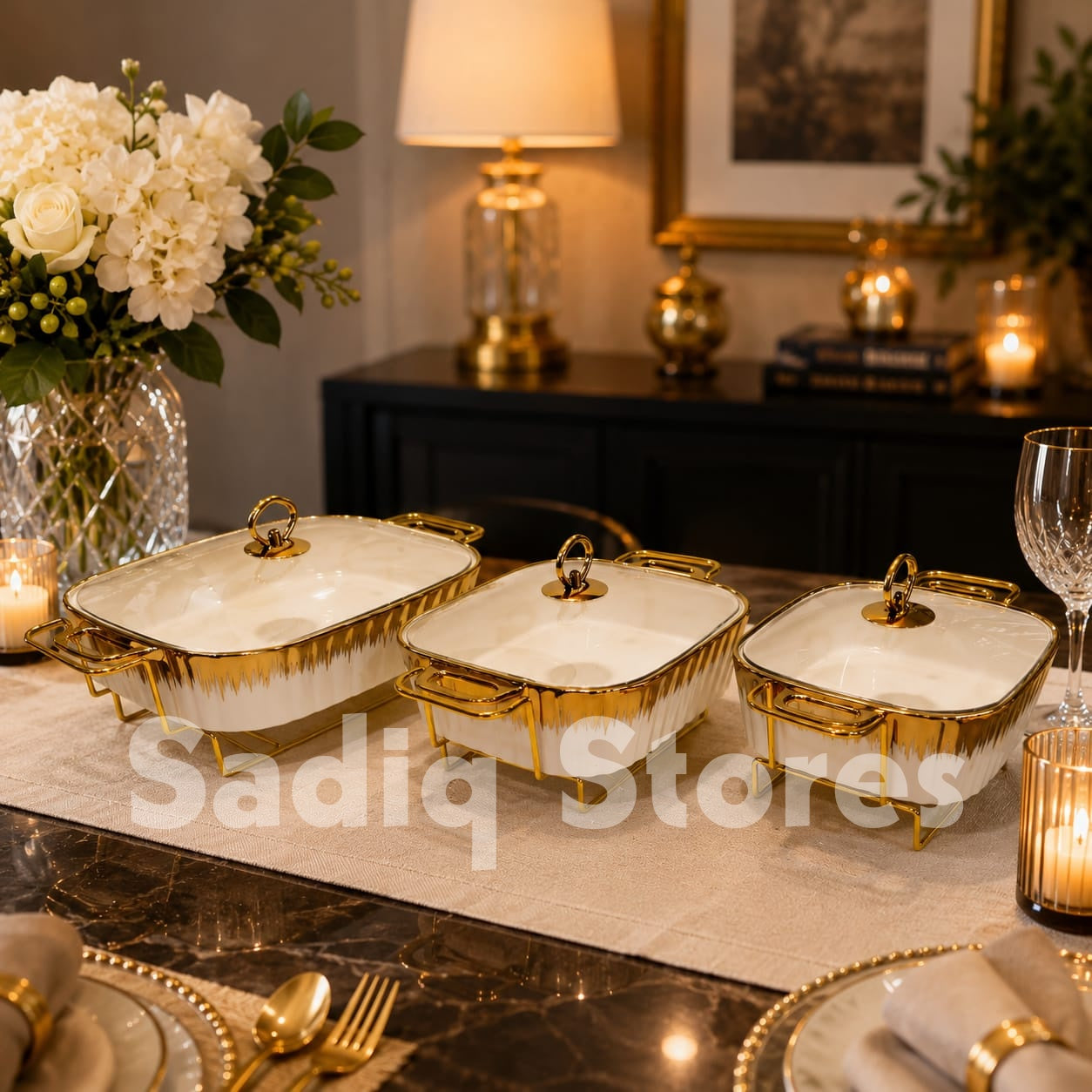 Set of 3 Pcs Serving Dish / Buffet dish white golden