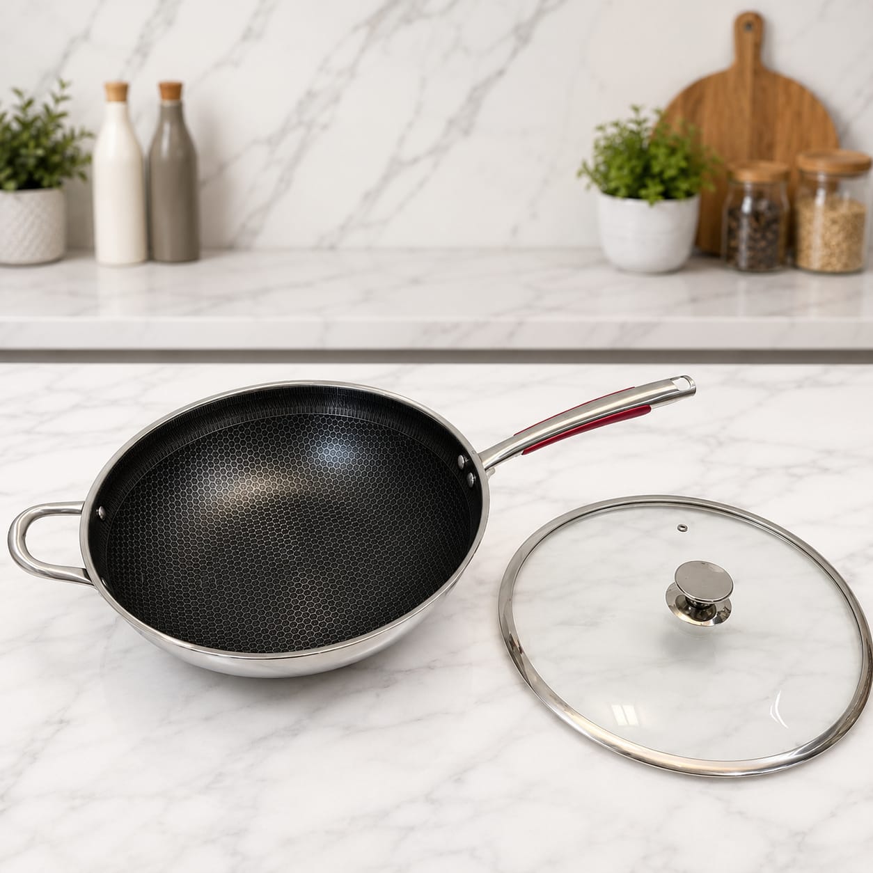 Honeycomb LaserCut Shallow Pan | Long Handle Karahi with Lid 36 cm
