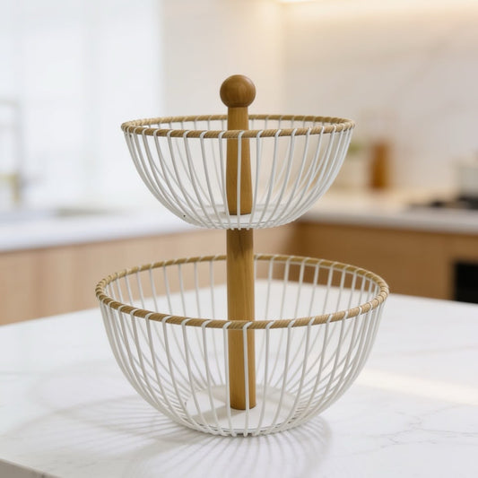 2 Tier Metal Wire Fruit Basket with Wooden Handle