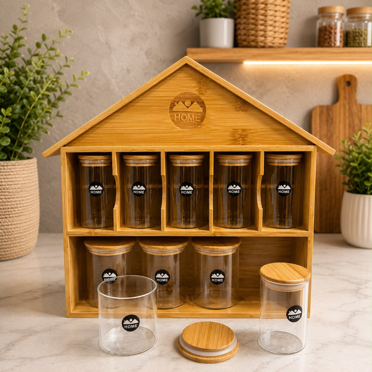 Bamboo House Design Rack With Spice Jars