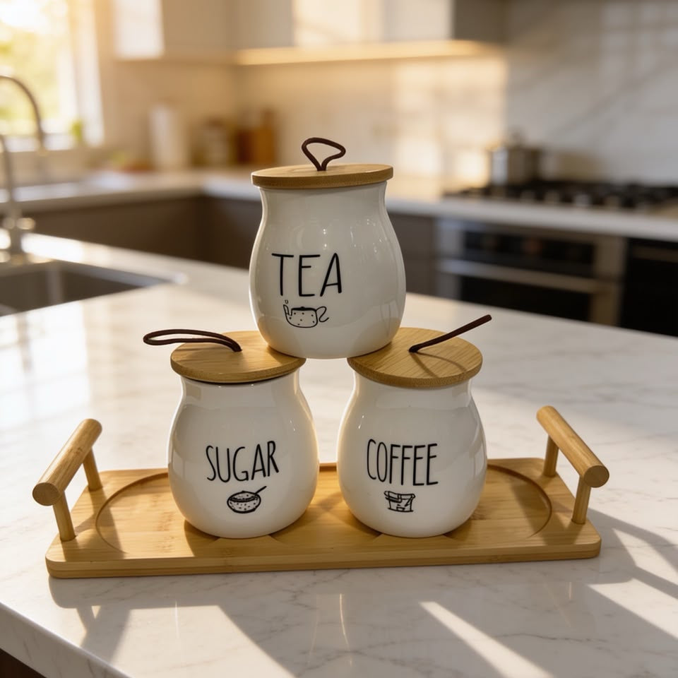 Ceramic Tea Coffee Sugar Jars Set with Tray