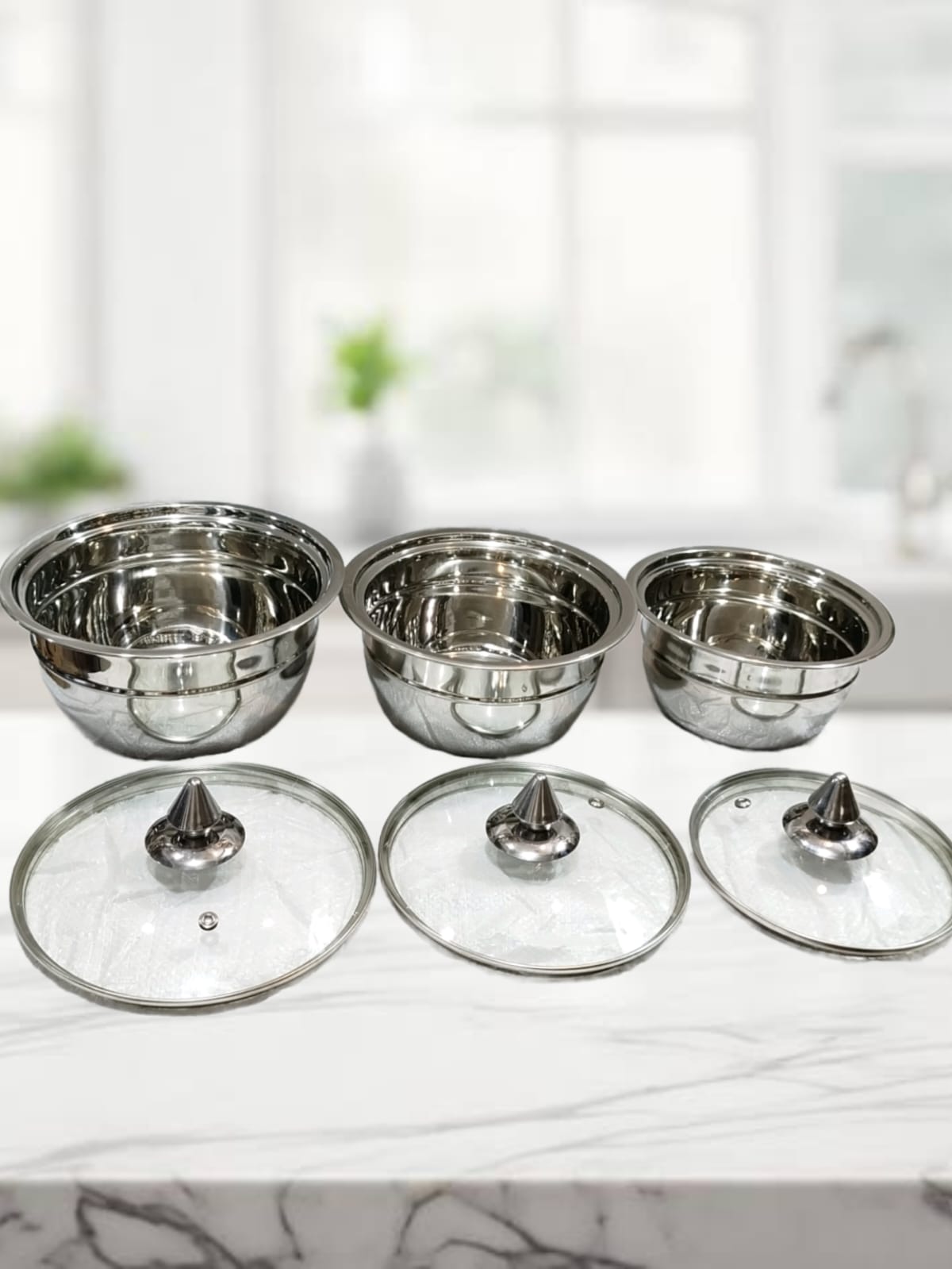 3 pcs stainless steel bowl set with glass lid
