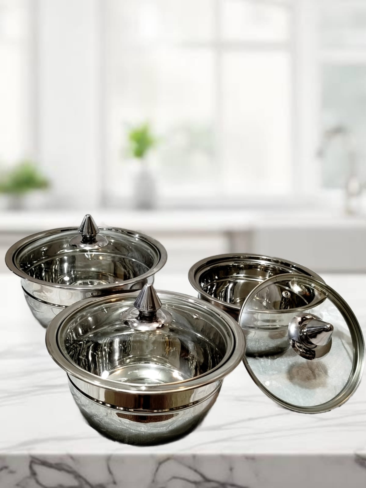 3 pcs stainless steel bowl set with glass lid