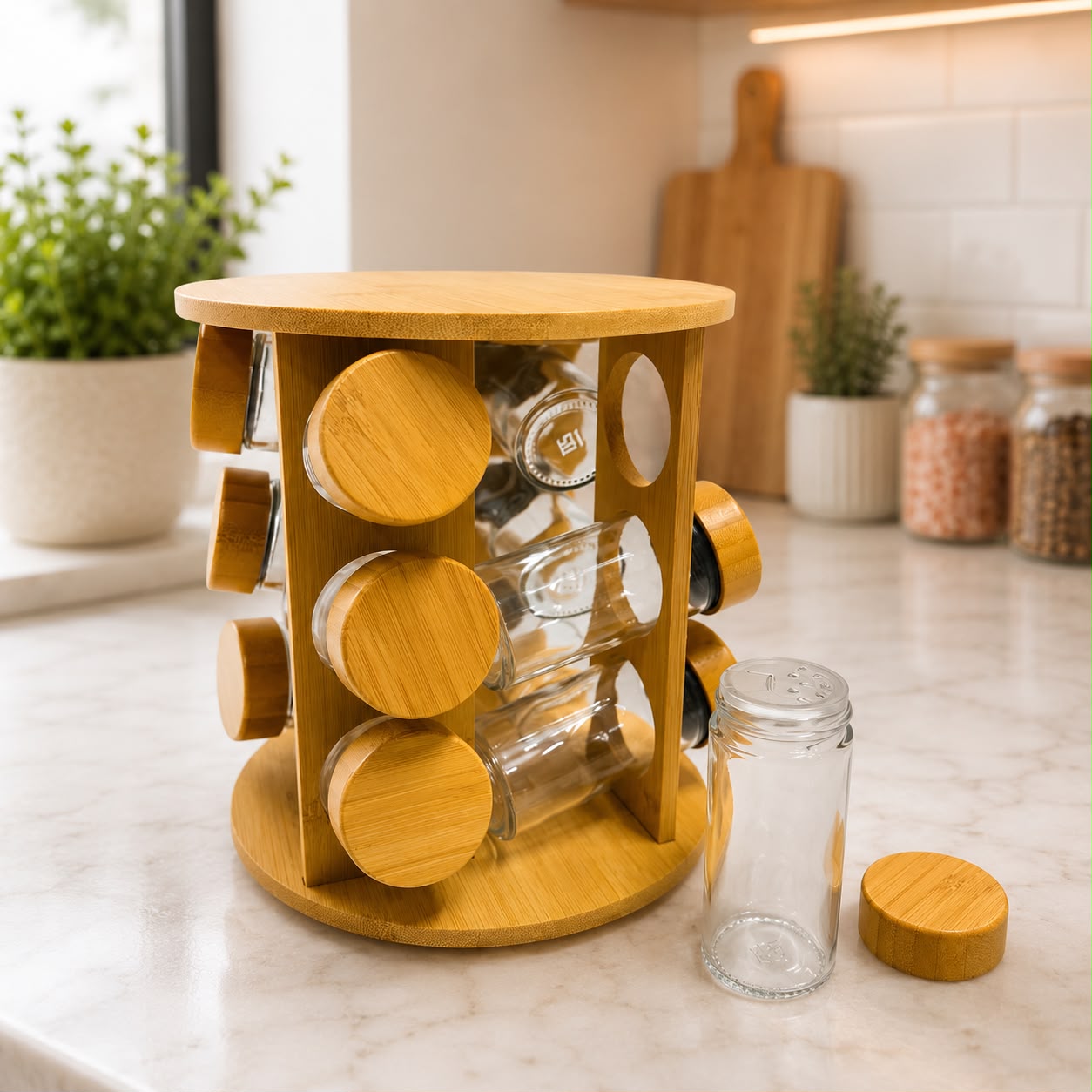 Wooden Rotating Spice Rack Organizer – 8 Glass Jars with Bamboo Lids