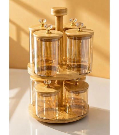 2-Tier 8 Glass Jars Rotating Spice Rack Set with Bamboo Stand