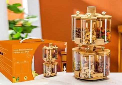 2-Tier 8 Glass Jars Rotating Spice Rack Set with Bamboo Stand