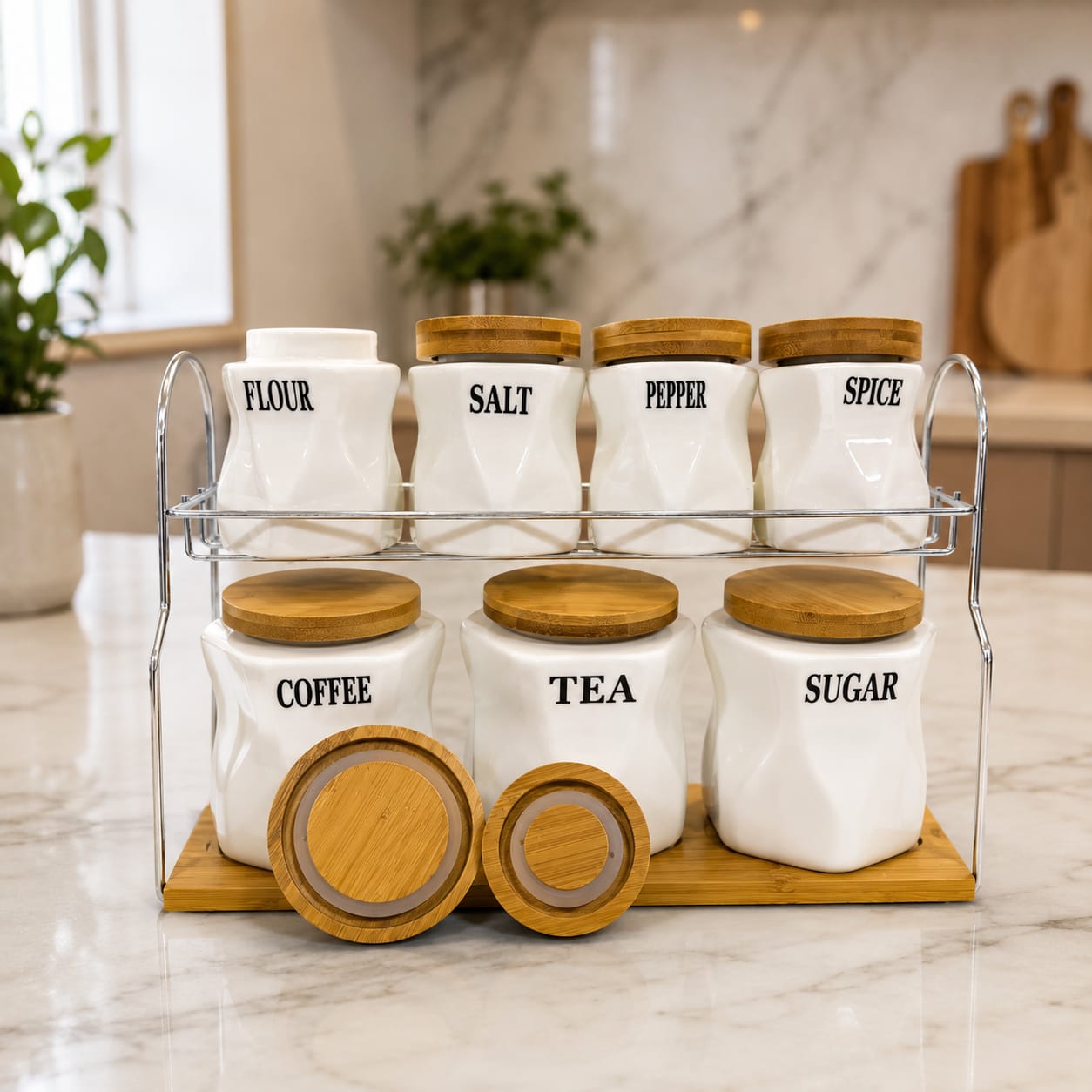 Kitchen Storage 7 Pcs Sugar Tea Coffee Ceramic with wooden lid