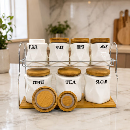 Kitchen Storage 7 Pcs Sugar Tea Coffee Ceramic with wooden lid