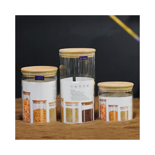 3pcs Bamboo Air-tight Glass storage Jar Set-Echou