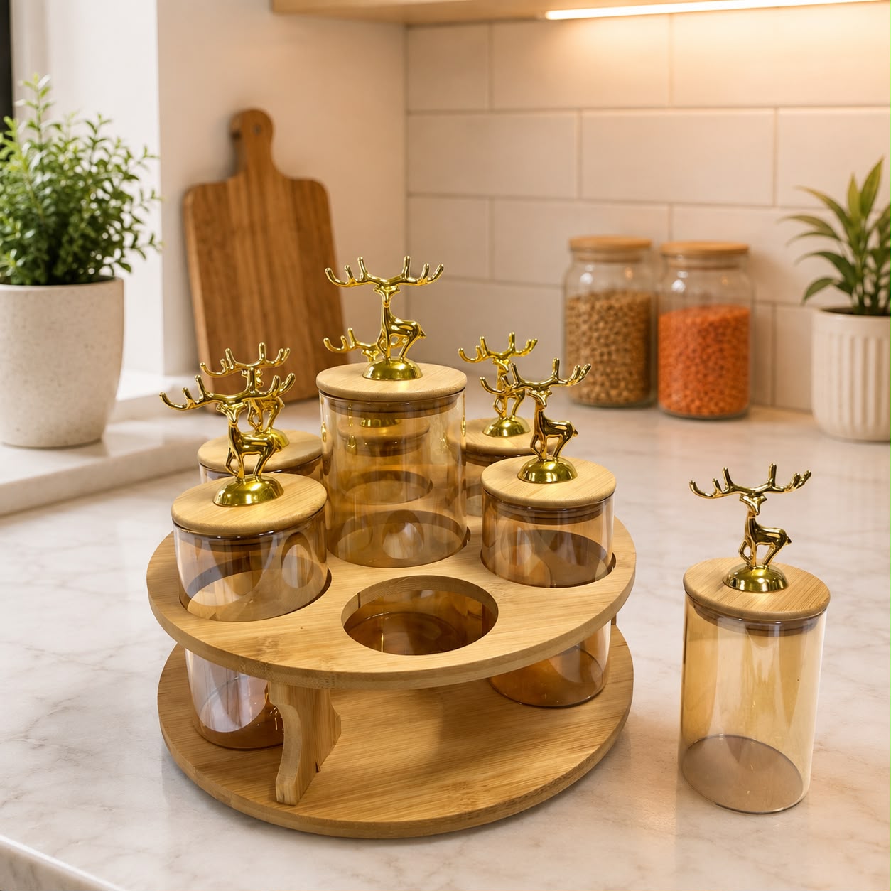 Glass Jar Set Rotatable Bamboo Stand – 7Pcs