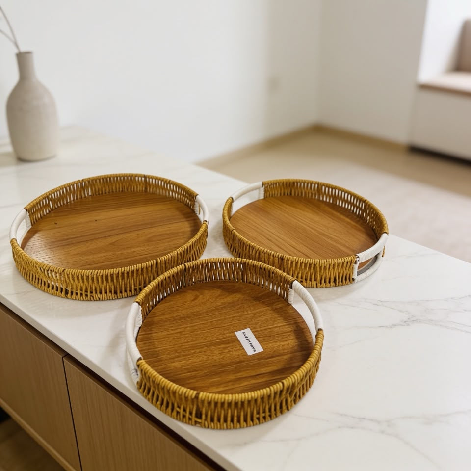 Set of 3  round flat Rattan Basket Brown