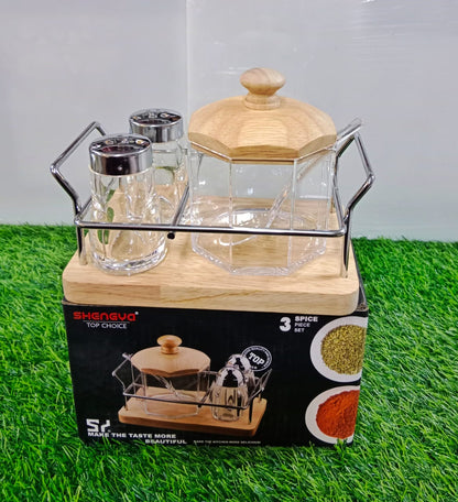 3 pc Cruet Set with Wooden Base | Tabletop Sugar pot and Shakers