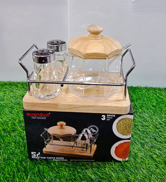 3 pc Cruet Set with Wooden Base | Tabletop Sugar pot and Shakers