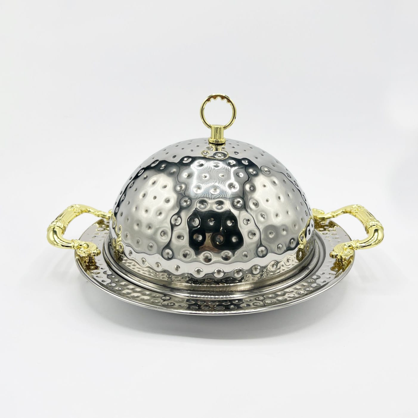 BBQ Platter with Dome Cover – Hammered Stainless Steel Serving Dish with Gold Handles