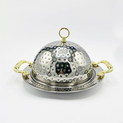 BBQ Platter with Dome Cover – Hammered Stainless Steel Serving Dish with Gold Handles