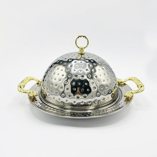 BBQ Platter with Dome Cover – Hammered Stainless Steel Serving Dish with Gold Handles