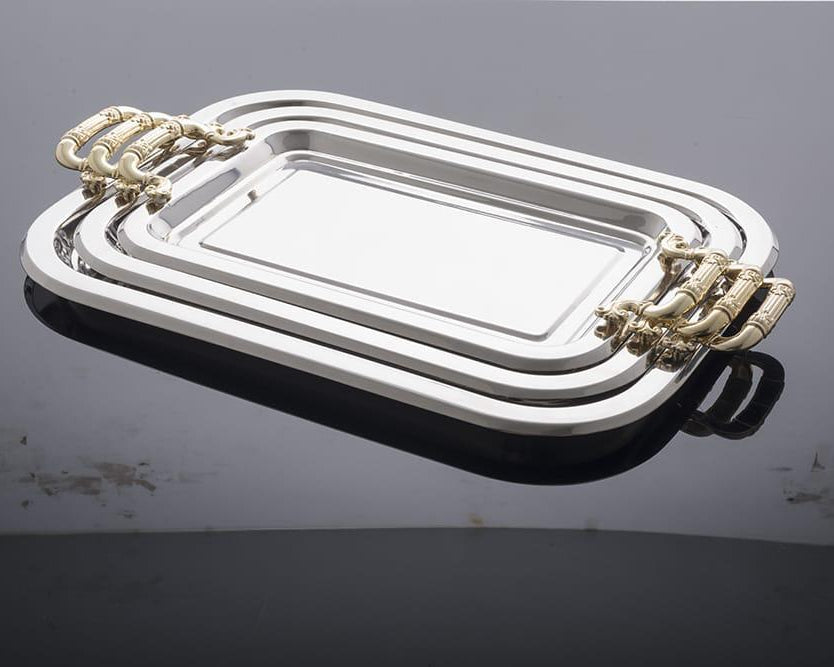 3pcs Tray set Stainless steel with golden handles