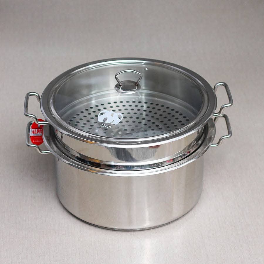 Alpha Stainless Steel double layer Steamer + Cooking Pot and glass lid all sizes