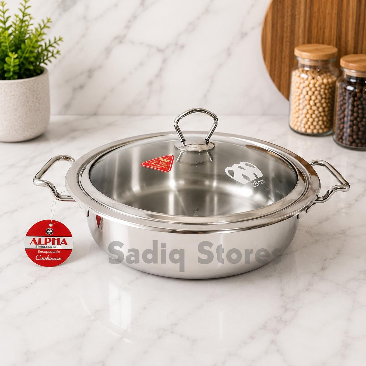 Alpha Stainless Steel Flat Karahi / Fish Pot with Glass Lid – Double Bottom Encapsulated Base