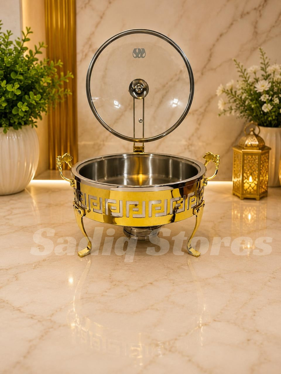 Versace Design Buffet Serving Dishes with Lid, Stand & Burner-Stainless Steel