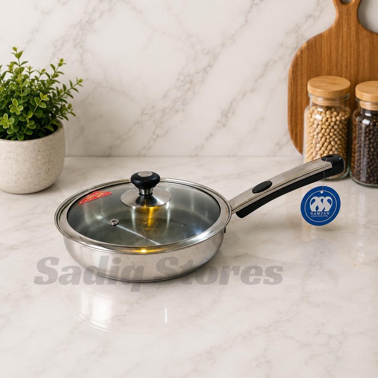 Stainless Steel double bottom Fry pan with glass lid