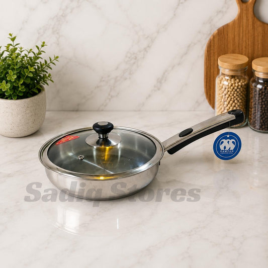 Stainless Steel double bottom Fry pan with glass lid