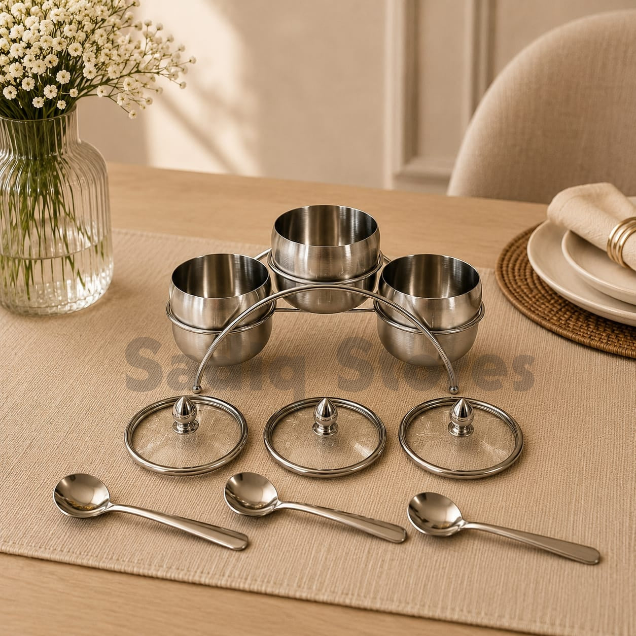 3 Bowl stainless steel Condiment Server with transparent lid