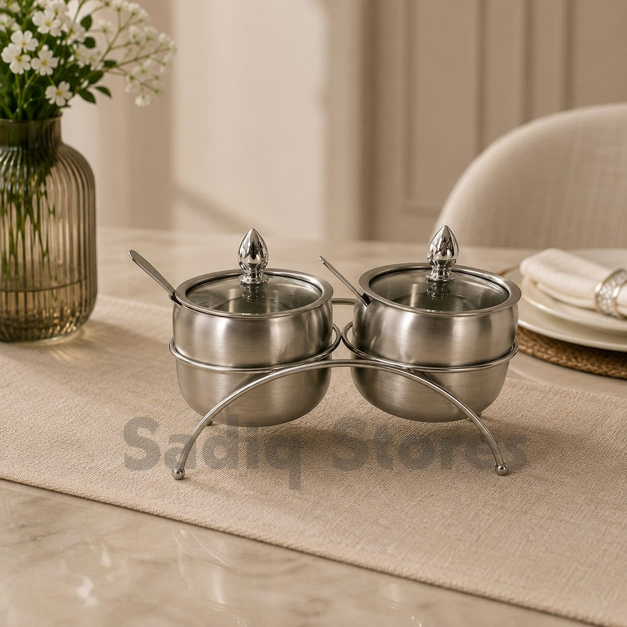 2 Bowl Condiment Server with stand or transparent lid