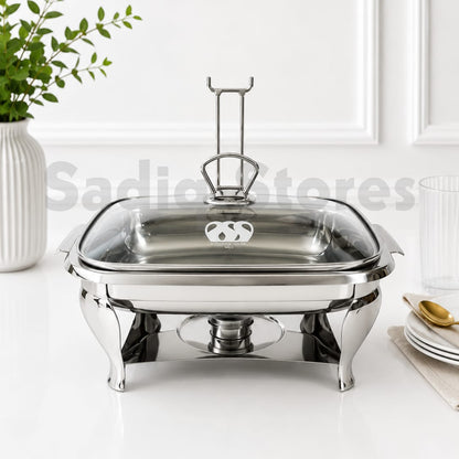Stainless steel rectangular chafing dish with burner / Glass lid