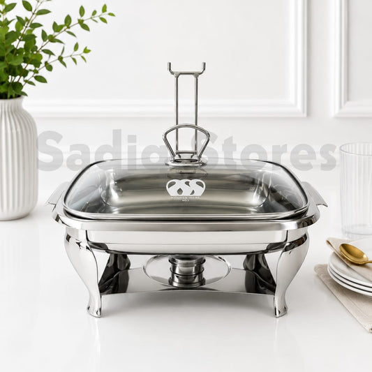 Stainless steel rectangular chafing dish with burner / Glass lid