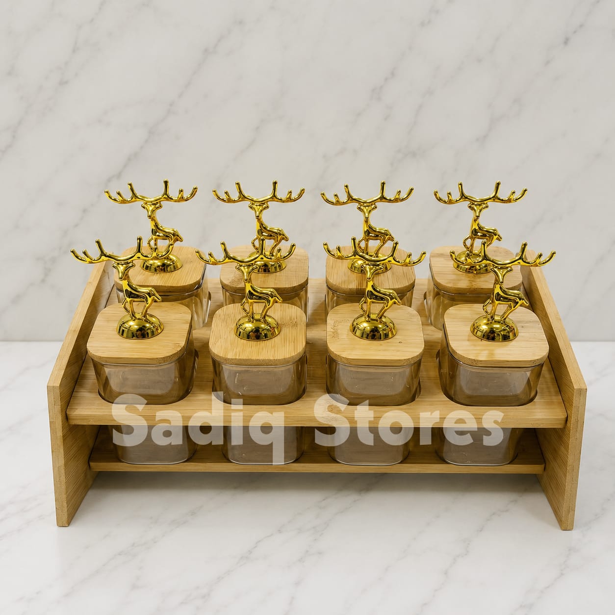9 Pcs imported glass masala box with wooden lid & stand