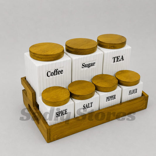 8 pcs ceramic airtight  masala box with wooden stand