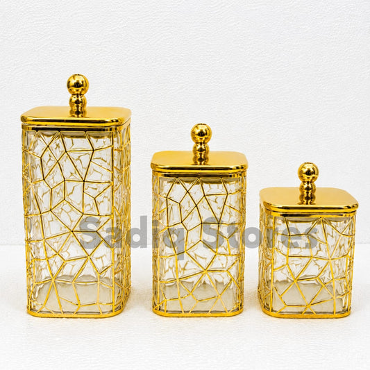Golden Diamond Cut Storage Jar Set – 3 Pcs Elegant Kitchen & Table Organizer