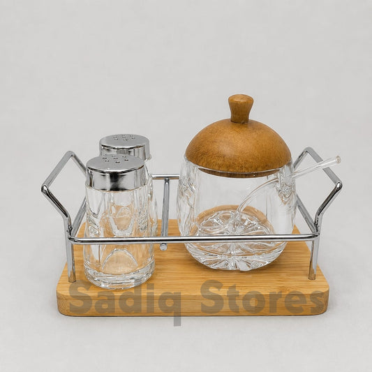 3 pc Cruet Set with Wooden Base | Tabletop Sugar pot and Shakers
