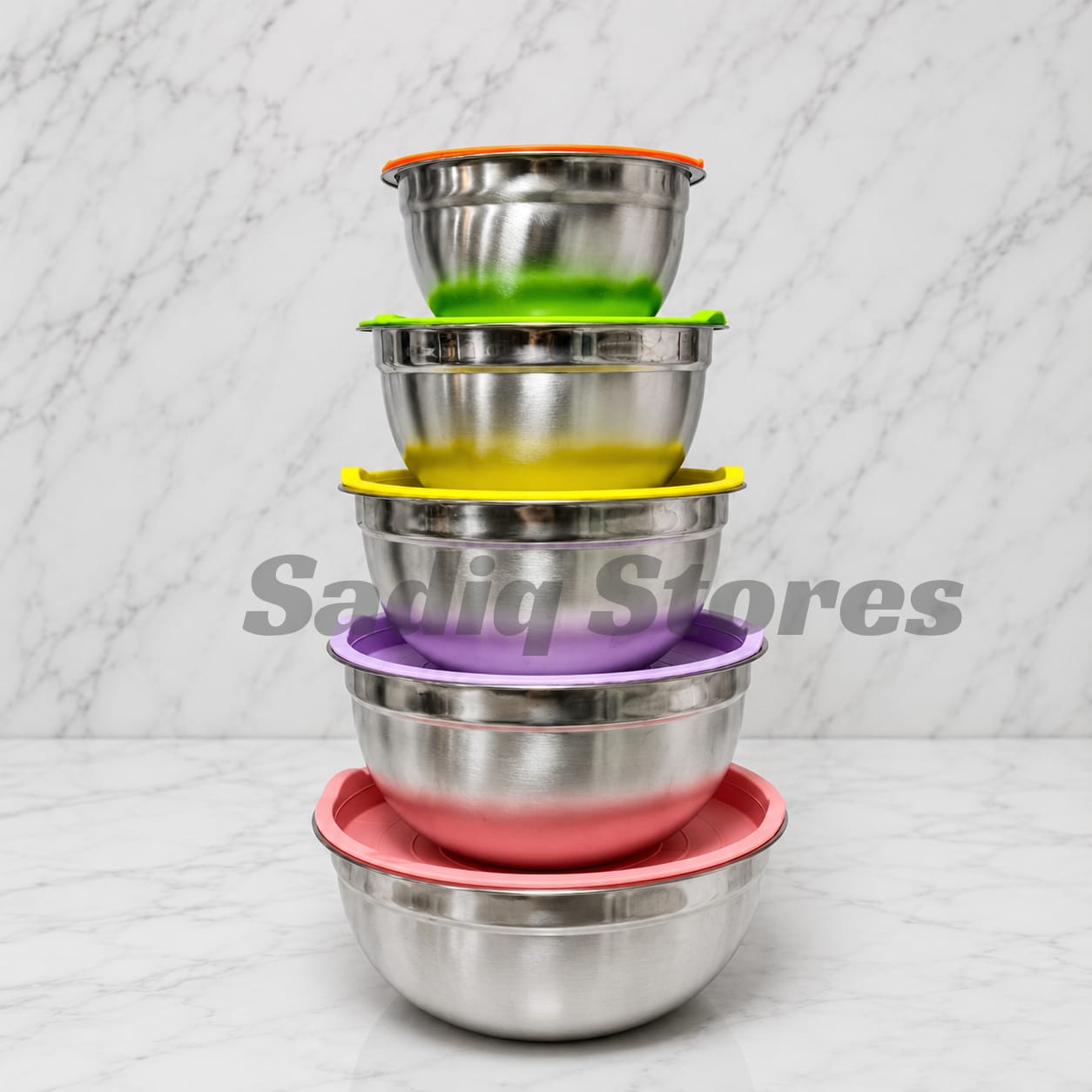 5 Pc Big Size Stainless Steel Bowl Set with Silicone Lids