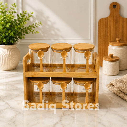 7 Pcs Glass jar masala box with wooden stand
