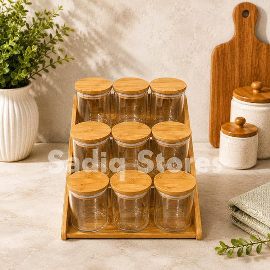 10 Pcs glass jar masala box with wooden stand