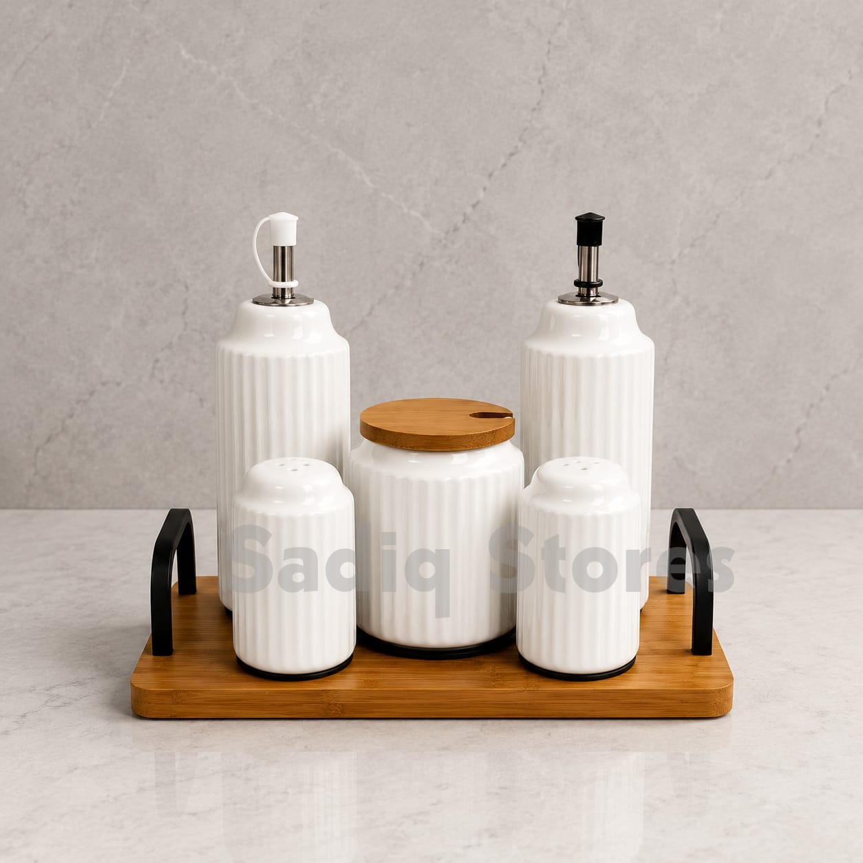 6 Pcs sugar pot set + sirka set with wooden stand