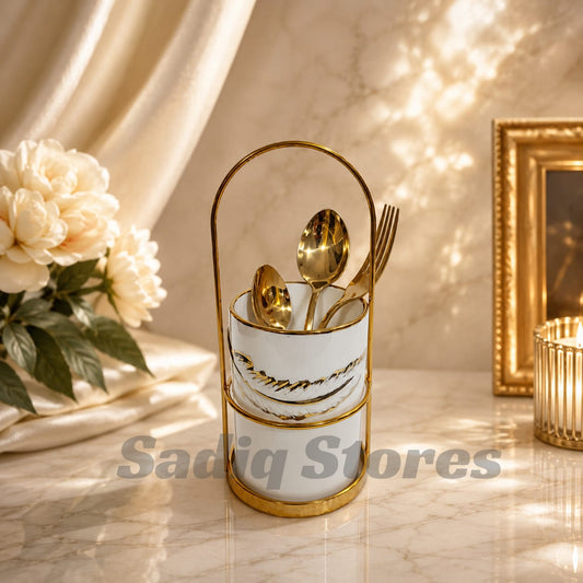 Ceramic spoon holder with golden stand