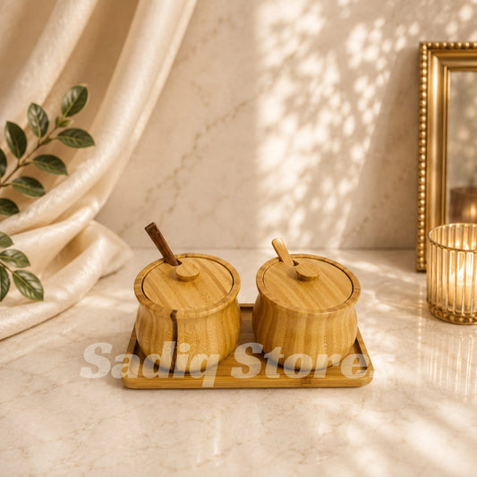 2 pcs wooden sugar pot with tray